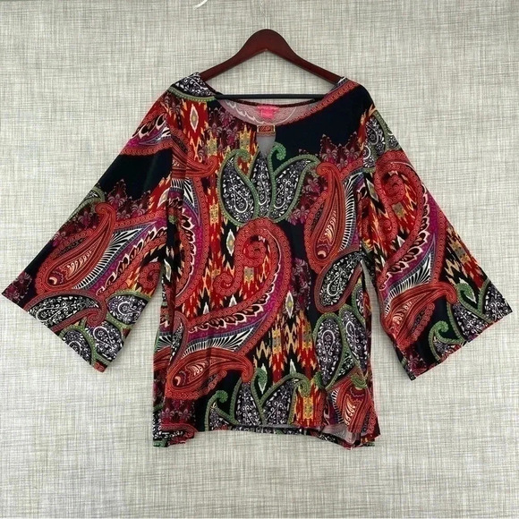 Sunny Leigh Boat neck Keyhole Amoeba print Pullover Wide Sleeve Blouse 3X - Picture 1 of 9